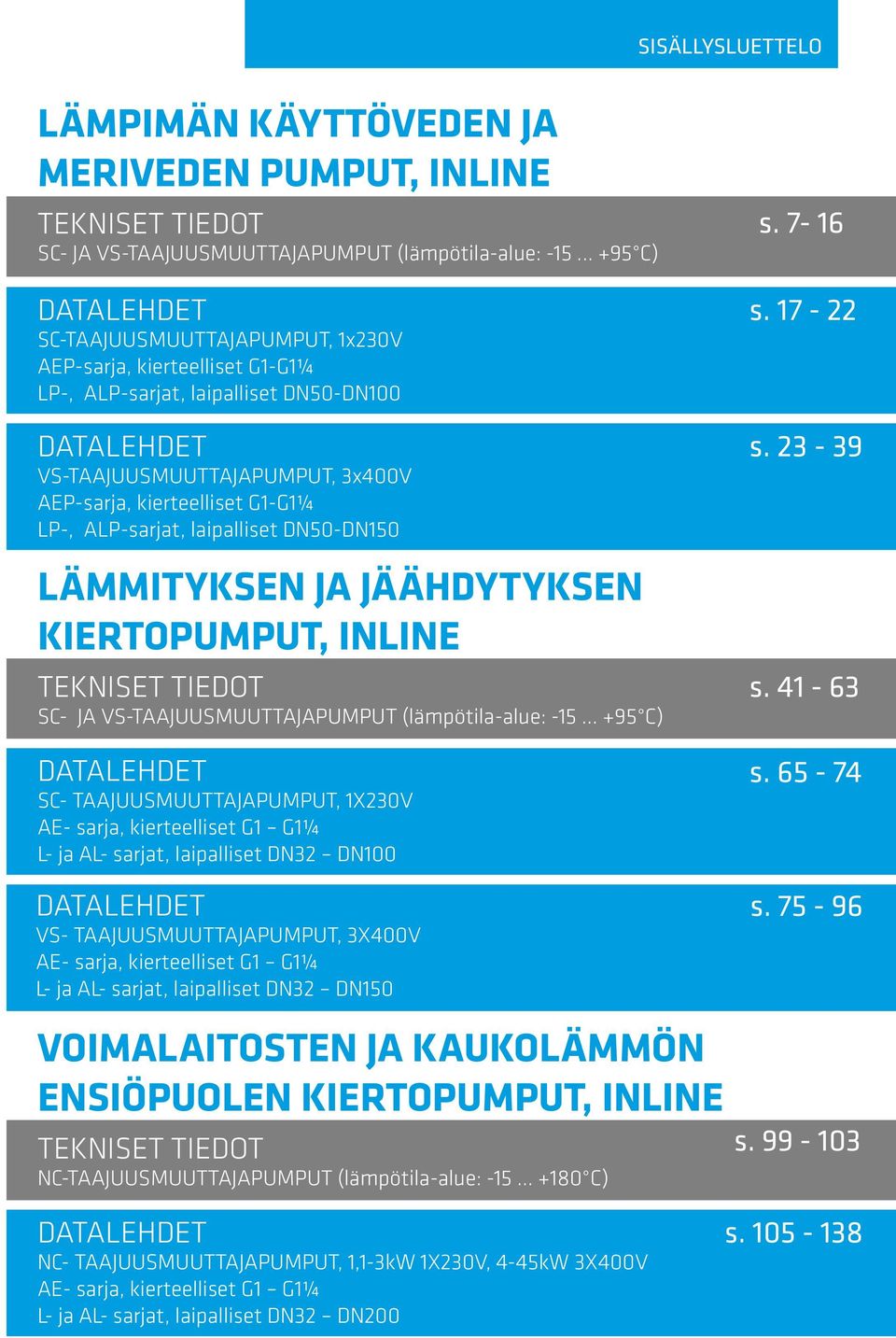 ALP-sarjat, laipalliset DN-DN LÄMMITYKSEN JA JÄÄHDYTYKSEN KIERTOPUMPUT, INLINE TEKNISET TIEDOT SC- JA VS-TAAJUUSMUUTTAJAPUMPUT (lämpötila-alue: -.