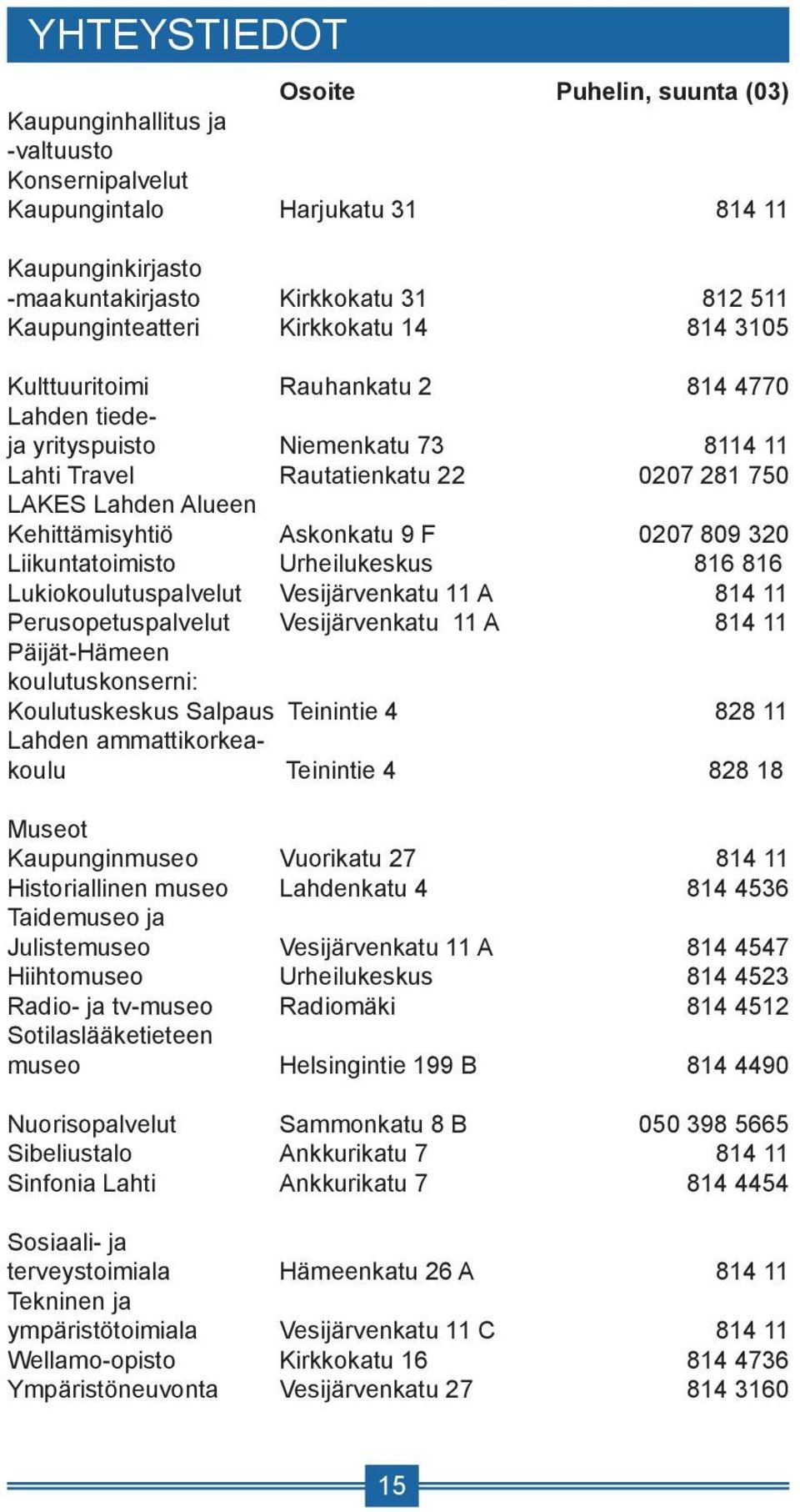 9 F 0207 809 320 Liikuntatoimisto Urheilukeskus 816 816 Lukiokoulutuspalvelut Vesijärvenkatu 11 A 814 11 Perusopetuspalvelut Vesijärvenkatu 11 A 814 11 Päijät-Hämeen koulutuskonserni: Koulutuskeskus