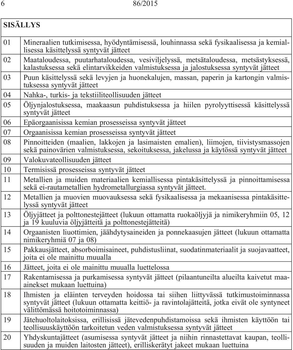 valmistuksessa syntyvät 04 Nahka-, turkis- ja tekstiiliteollisuuden 05 Öljynjalostuksessa, maakaasun puhdistuksessa ja hiilen pyrolyyttisessä käsittelyssä syntyvät 06 Epäorgaanisissa kemian