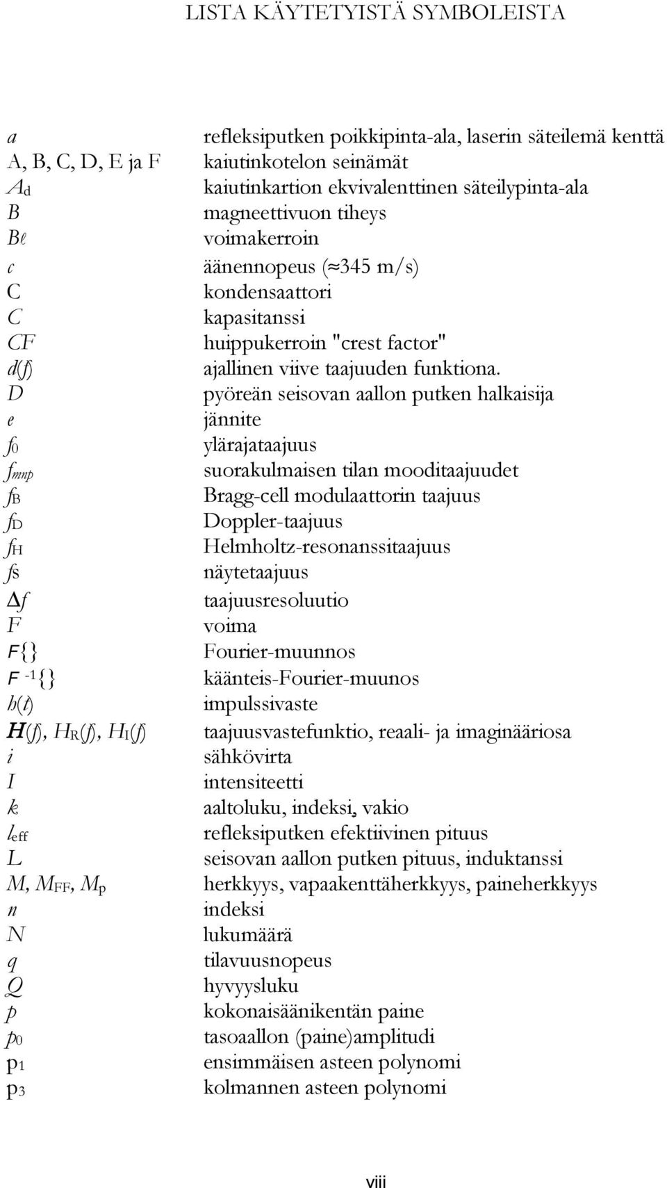 D pyöreän seisovan aallon putken halkaisija e jännite f0 ylärajataajuus fmnp suorakulmaisen tilan mooditaajuudet fb Bragg-cell modulaattorin taajuus fd Doppler-taajuus fh Helmholtz-resonanssitaajuus