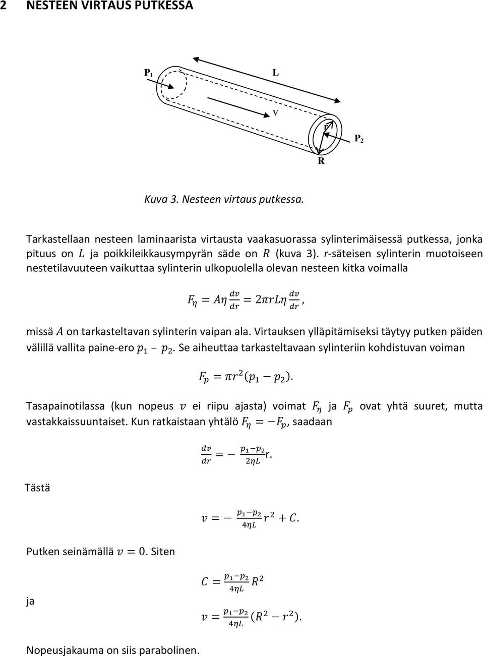 r-säteisen sylinterin muotoiseen nestetilavuuteen vaikuttaa sylinterin ulkopuolella olevan nesteen kitka voimalla missä on tarkasteltavan sylinterin vaipan ala.