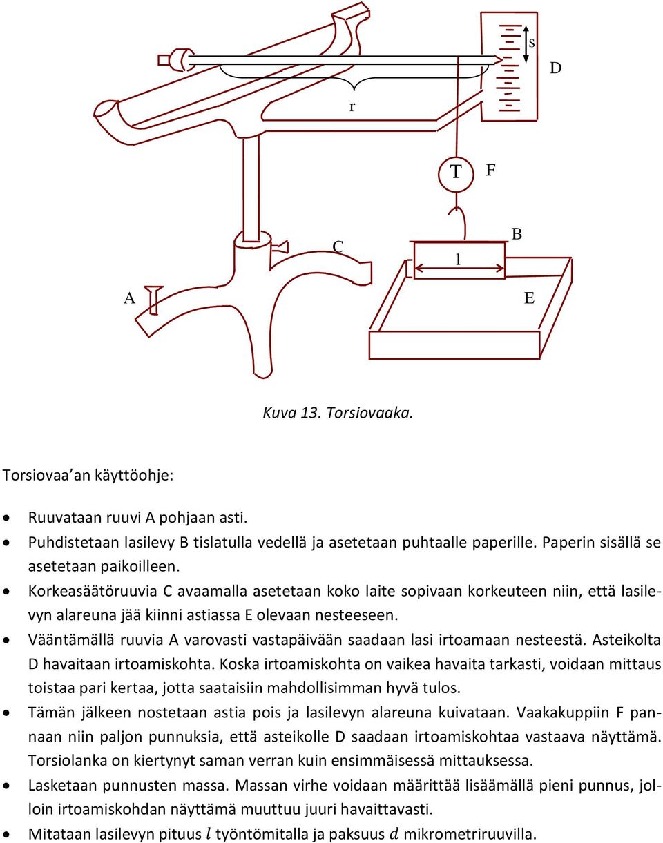 Vääntämällä ruuvia A varovasti vastapäivään saadaan lasi irtoamaan nesteestä. Asteikolta D havaitaan irtoamiskohta.