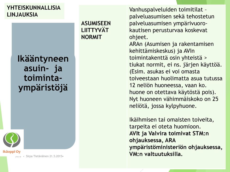 asukas ei voi omasta toiveestaan huolimatta asua tutussa 12 neliön huoneessa, vaan ko. huone on otettava käytöstä pois). Nyt huoneen vähimmäiskoko on 25 neliötä, jossa kylpyhuone.