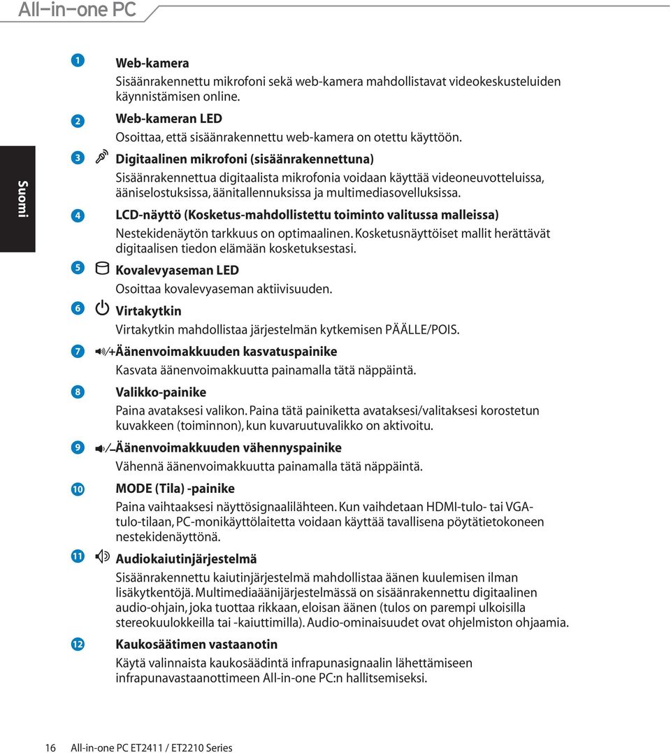 4 LCD-näyttö (Kosketus-mahdollistettu toiminto valitussa malleissa) Nestekidenäytön tarkkuus on optimaalinen. Kosketusnäyttöiset mallit herättävät digitaalisen tiedon elämään kosketuksestasi.