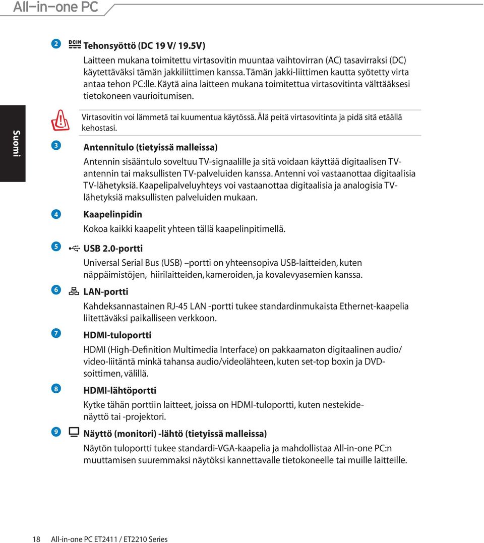 Virtasovitin voi lämmetä tai kuumentua käytössä. Älä peitä virtasovitinta ja pidä sitä etäällä kehostasi.