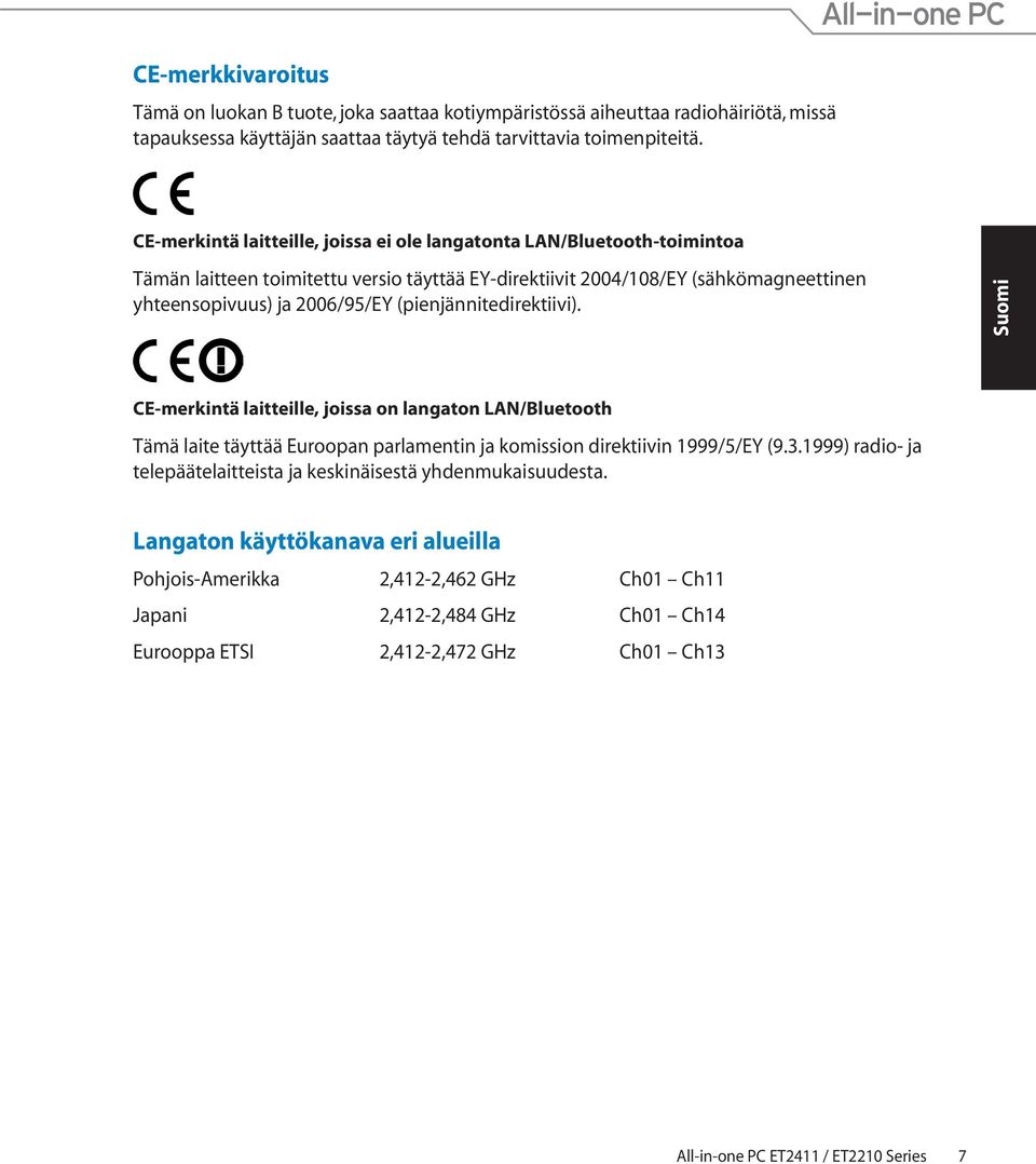 (pienjännitedirektiivi). CE-merkintä laitteille, joissa on langaton LAN/Bluetooth Tämä laite täyttää Euroopan parlamentin ja komission direktiivin 1999/5/EY (9.3.