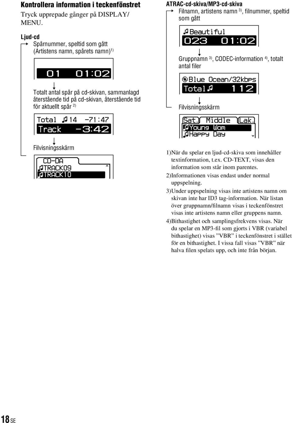antal filer Totalt antal spår på cd-skivan, sammanlagd återstående tid på cd-skivan, återstående tid för aktuellt spår 2) Filvisningsskärm Filvisningsskärm 1) När du spelar en ljud-cd-skiva som