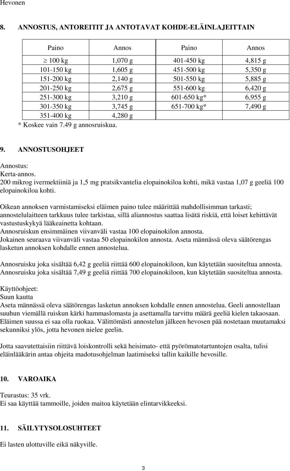 kg 2,675 g 551-600 kg 6,420 g 251-300 kg 3,210 g 601-650 kg* 6,955 g 301-350 kg 3,745 g 651-700 kg* 7,490 g 351-400 kg 4,280 g * Koskee vain 7.49 g annosruiskua. 9.