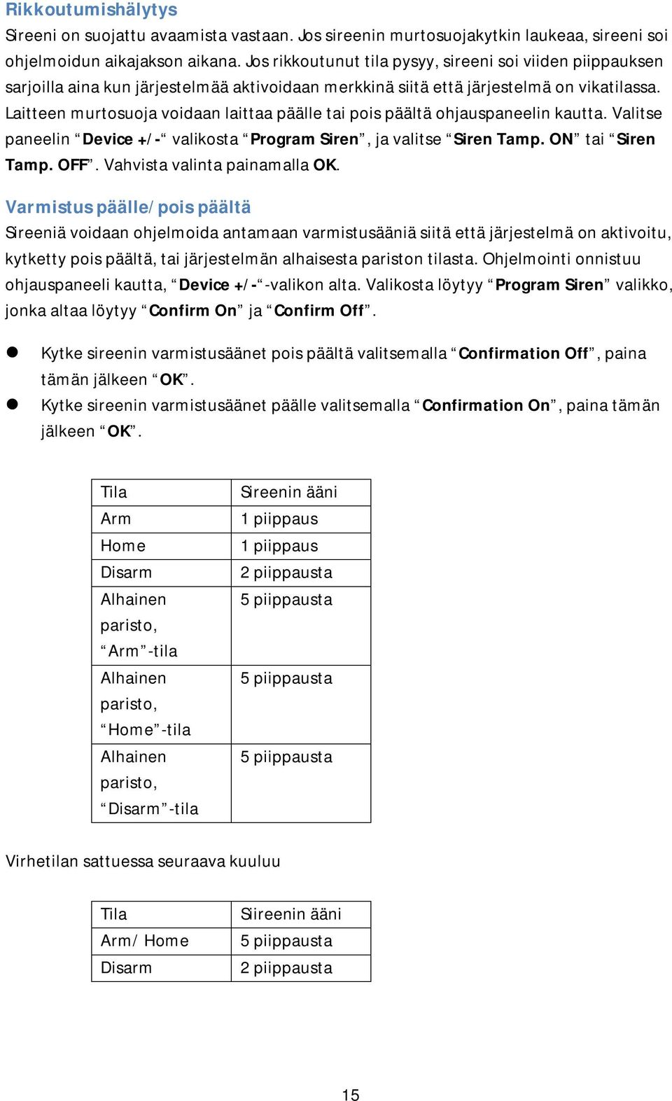 Laitteen murtosuoja voidaan laittaa päälle tai pois päältä ohjauspaneelin kautta. Valitse paneelin Device +/- valikosta Program Siren, ja valitse Siren Tamp. ON tai Siren Tamp. OFF.