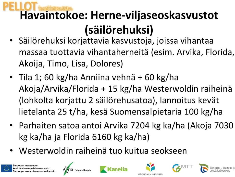 Arvika, Florida, Akoija, Timo, Lisa, Dolores) Tila 1; 60 kg/ha Anniina vehnä + 60 kg/ha Akoja/Arvika/Florida + 15 kg/ha