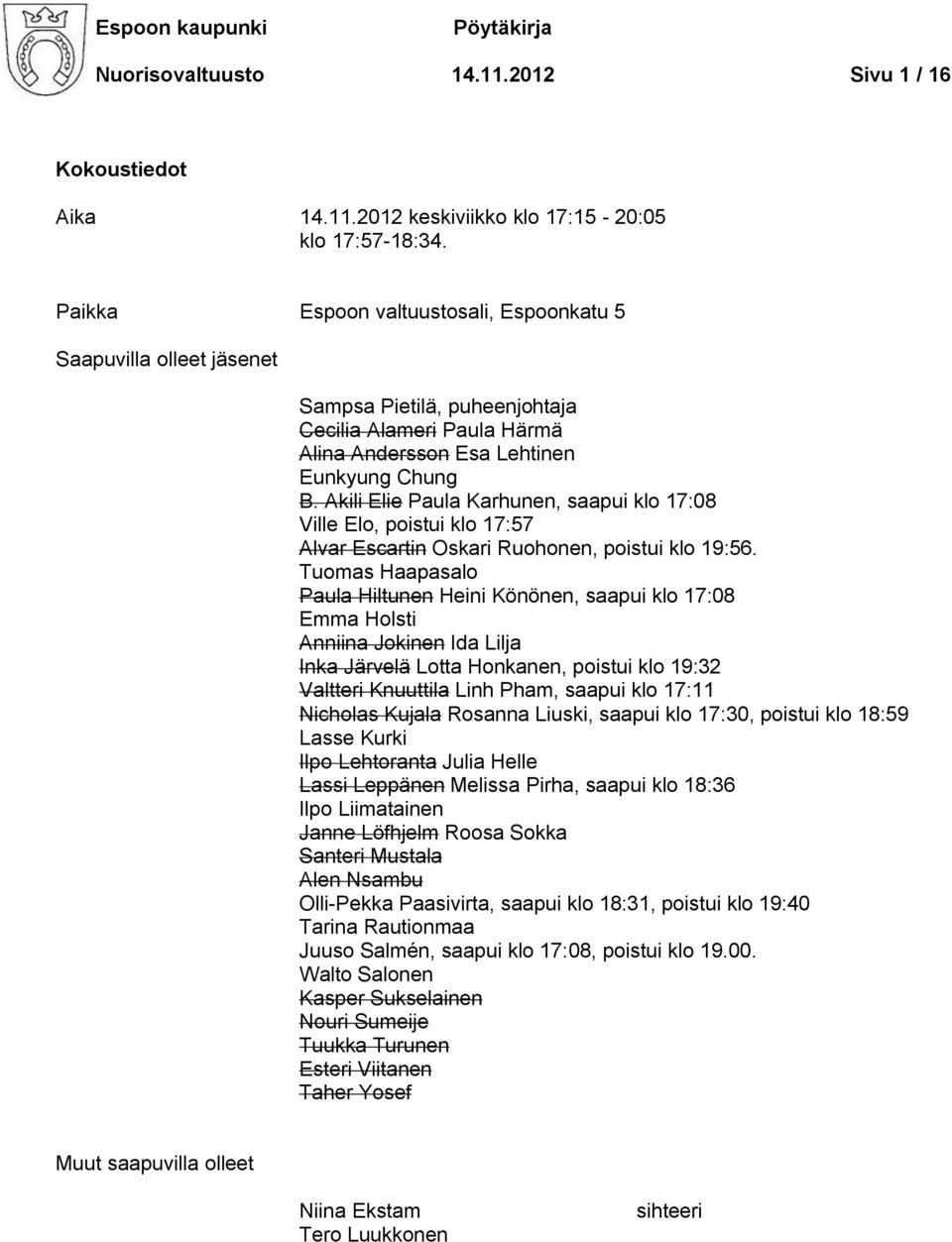 Akili Elie Paula Karhunen, saapui klo 17:08 Ville Elo, poistui klo 17:57 Alvar Escartin Oskari Ruohonen, poistui klo 19:56.