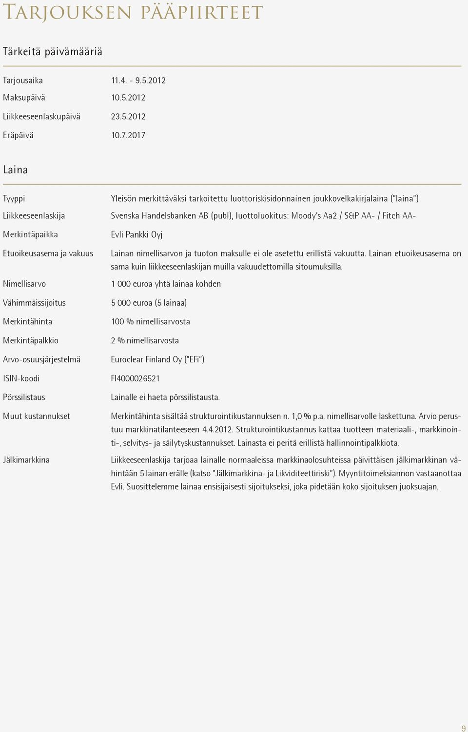 kustannukset Jälkimarkkina Yleisön merkittäväksi tarkoitettu luottoriskisidonnainen joukkovelkakirjalaina ( laina ) Svenska Handelsbanken AB (publ), luottoluokitus: Moody s Aa2 / S&P AA- / Fitch AA-