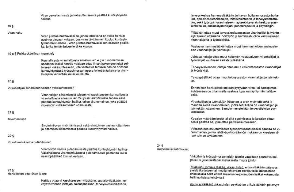 sosiaalityöntekijän, puheterapeutin ja psykologin. Viran haku 19 a Poikkeuksellinen menettely 20 Viran julistaa haettavaksi se, jonka tehtävänä on valita henkilö avoinna olevaan virkaan.