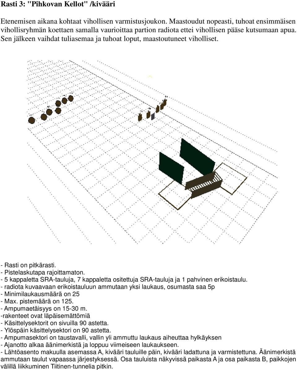 Sen jälkeen vaihdat tuliasemaa ja tuhoat loput, maastoutuneet viholliset. - Pistelaskutapa rajoittamaton. - 5 kappaletta SRA-tauluja, 7 kappaletta ositettuja SRA-tauluja ja 1 pahvinen erikoistaulu.
