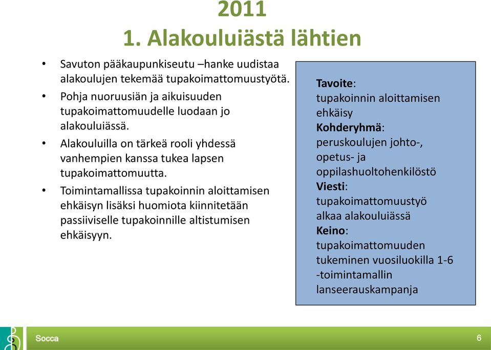 Toimintamallissa tupakoinnin aloittamisen ehkäisyn lisäksi huomiota kiinnitetään passiiviselle tupakoinnille altistumisen ehkäisyyn.