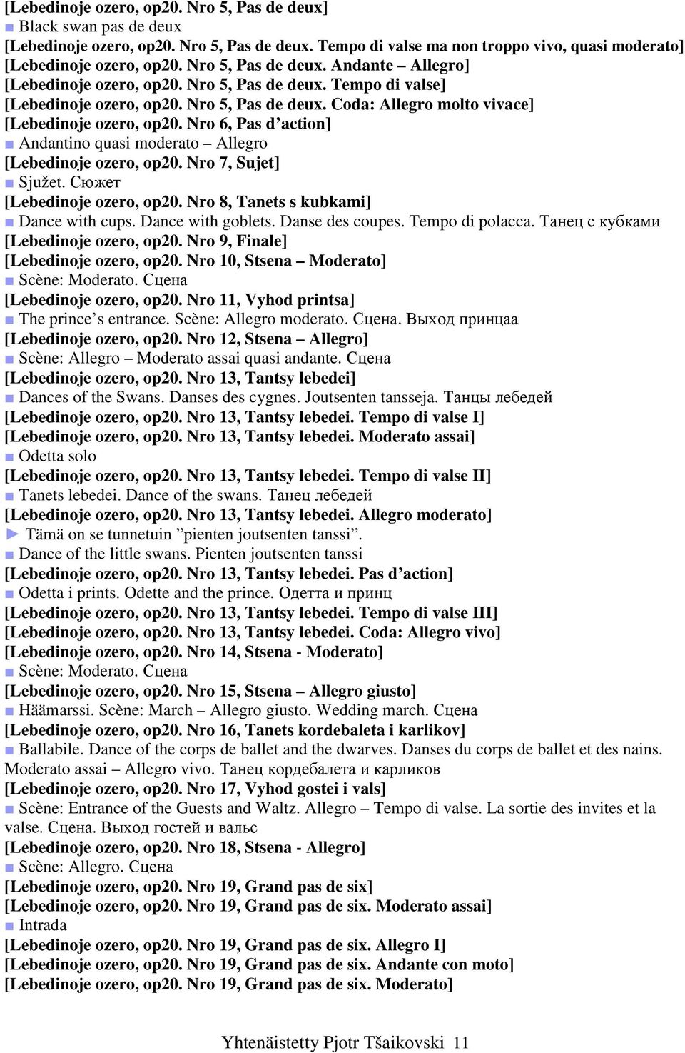 Nro 6, Pas d action] Andantino quasi moderato Allegro [Lebedinoje ozero, op20. Nro 7, Sujet] Sjužet. Сюжет [Lebedinoje ozero, op20. Nro 8, Tanets s kubkami] Dance with cups. Dance with goblets.