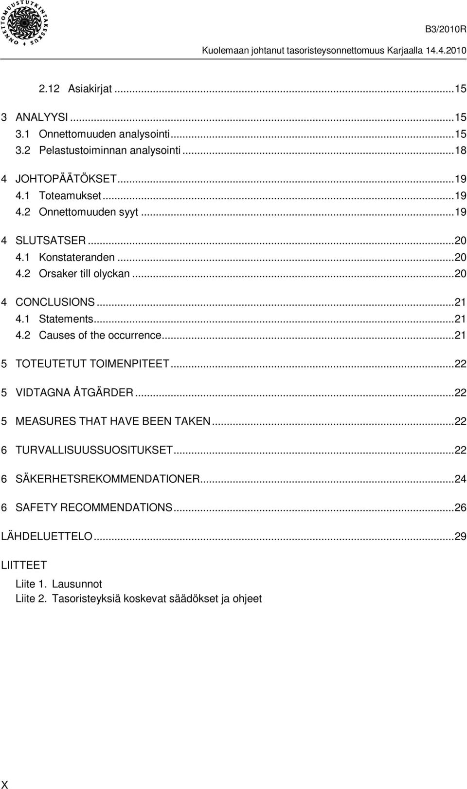 ..21 4.2 Causes of the occurrence...21 5 TOTEUTETUT TOIMENPITEET...22 5 VIDTAGNA ÅTGÄRDER...22 5 MEASURES THAT HAVE BEEN TAKEN.