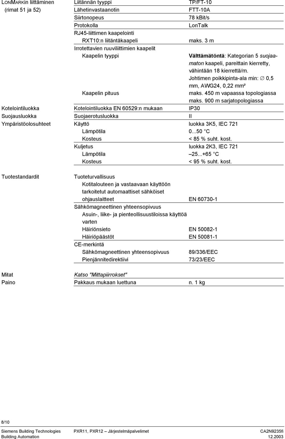 Johtimen poikkipinta-ala min: 0,5 mm, AWG24, 0,22 mm² maks. 450 m vapaassa topologiassa maks.