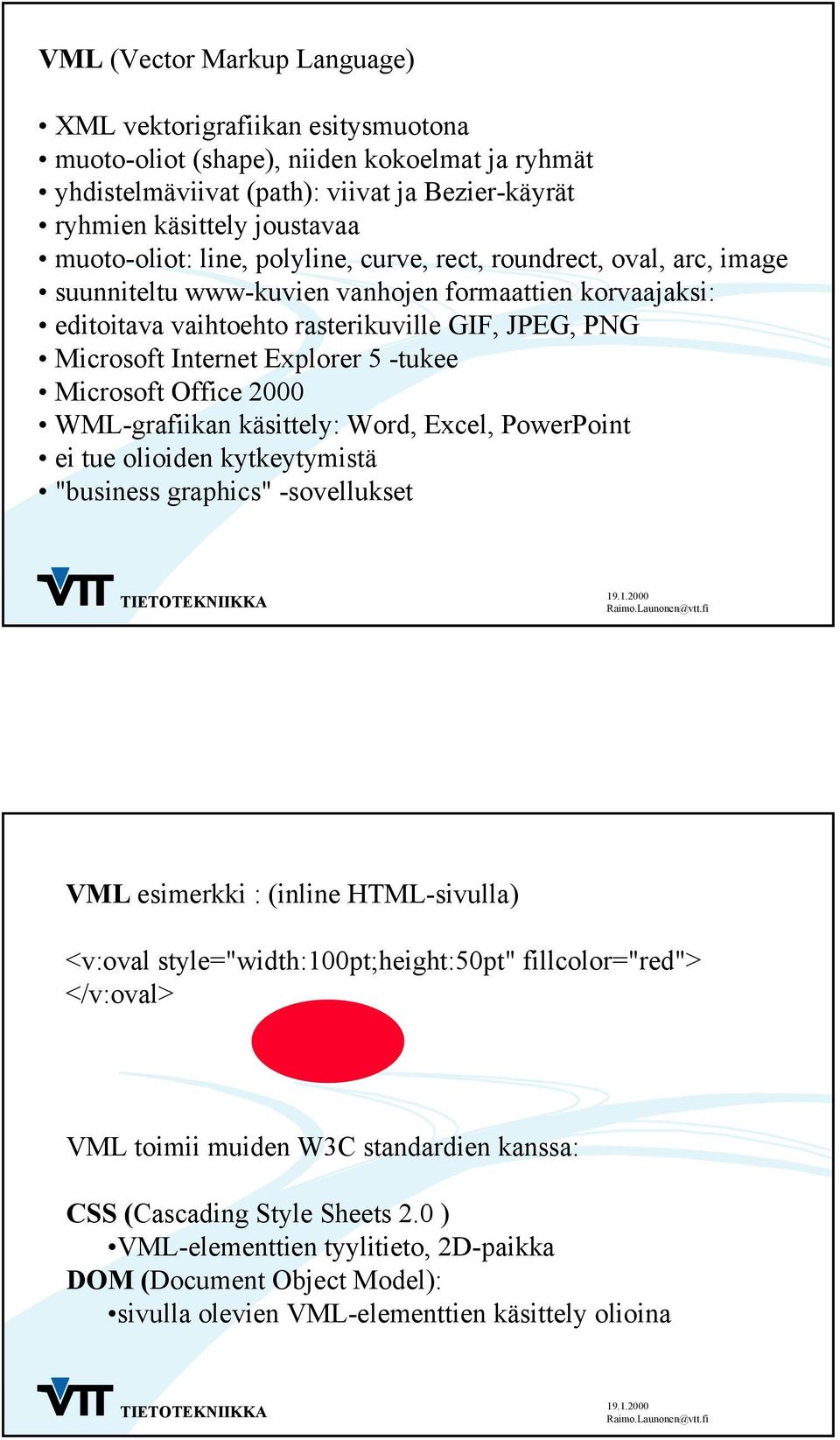 Explorer 5 -tukee Microsoft Office 2000 WML-grafiikan käsittely: Word, Excel, PowerPoint ei tue olioiden kytkeytymistä "business graphics" -sovellukset VML esimerkki : (inline HTML-sivulla) <v:oval