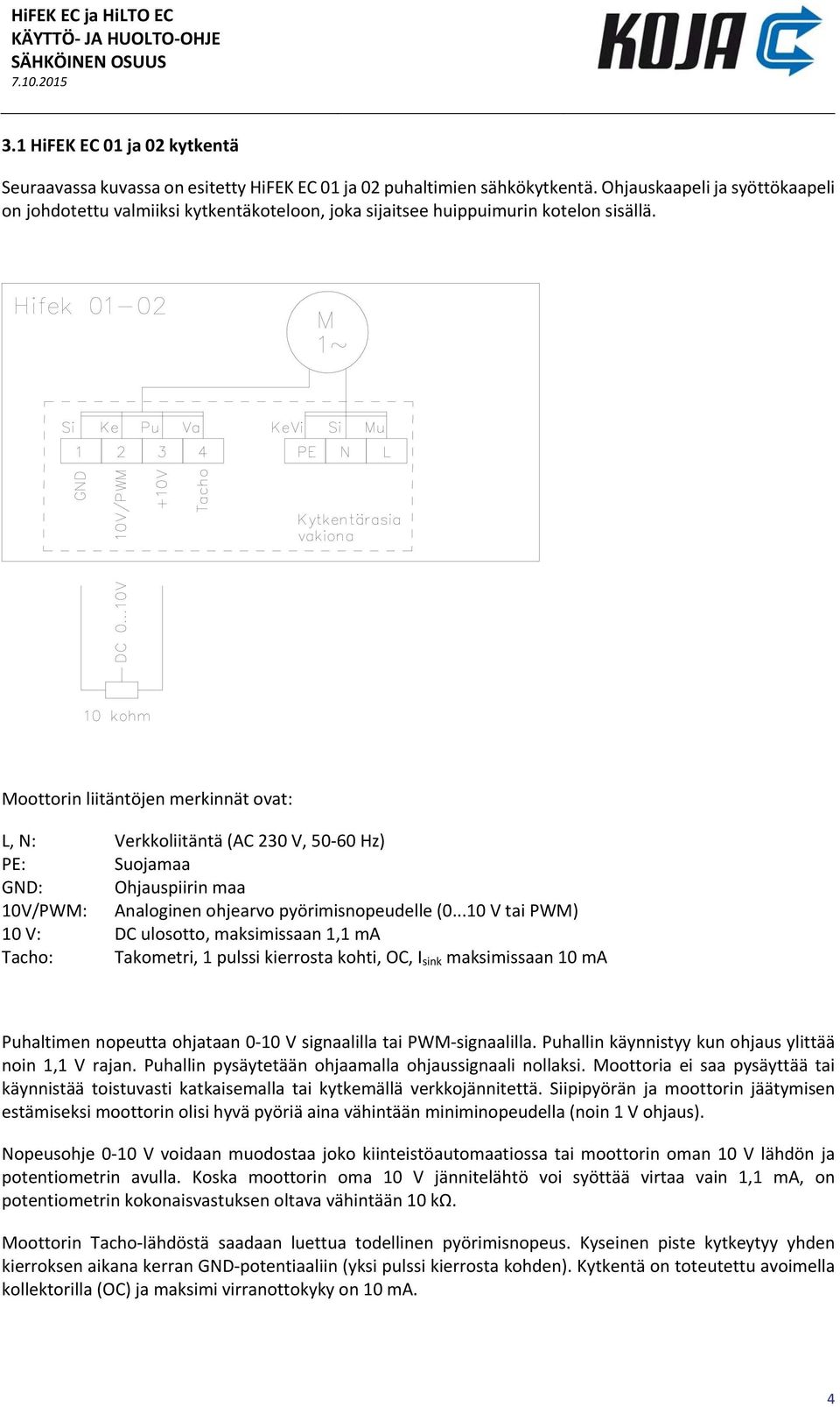 Moottorin liitäntöjen merkinnät ovat: L, N: Verkkoliitäntä (AC 230 V, 50 60 Hz) PE: Suojamaa GND: Ohjauspiirin maa 10V/PWM: Analoginen ohjearvo pyörimisnopeudelle (0.