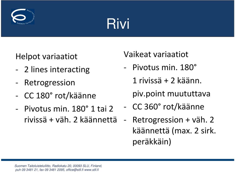 2 käännettä Vaikeat variaatiot - Pivotus min. 180 1 rivissä+ 2 käänn.