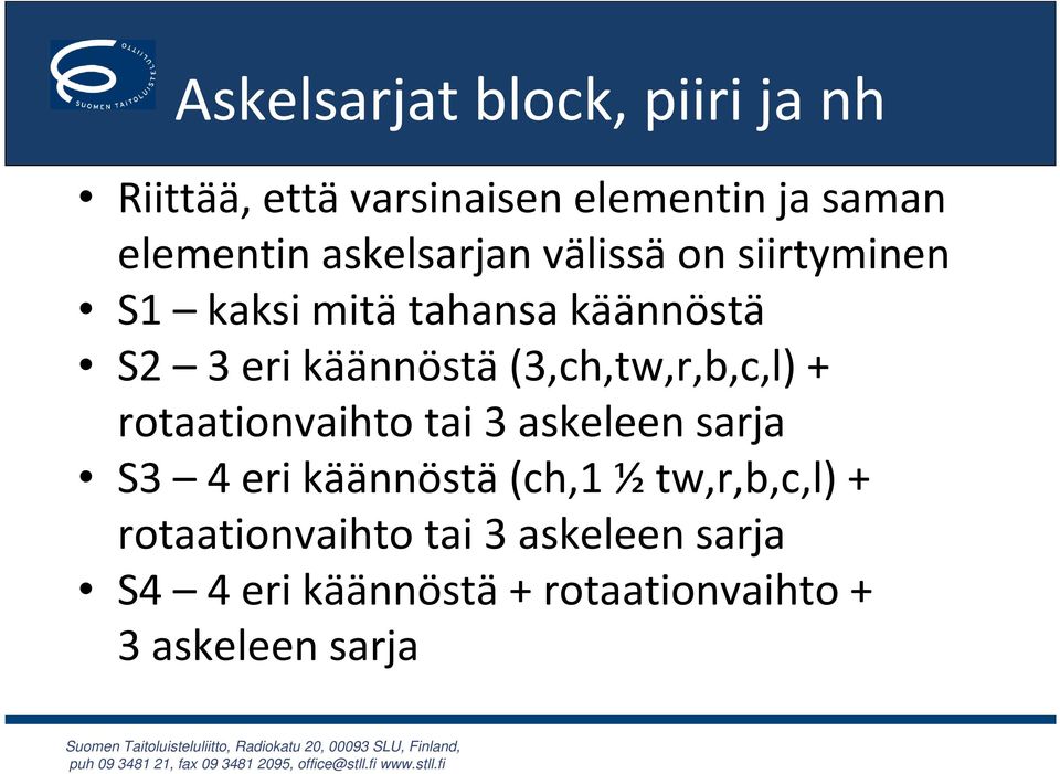 käännöstä(3,ch,tw,r,b,c,l) + rotaationvaihto tai 3 askeleen sarja S3 4 eri