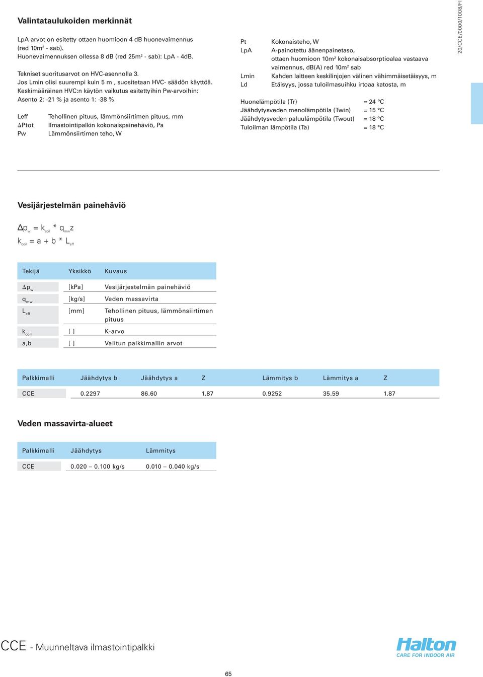 Keskimääräinen HVC:n käytön vaikutus esitettyihin Pw-arvoihin: Asento 2: -21 % ja asento 1: -38 % Leff DPtot Pw Tehollinen pituus, lämmönsiirtimen pituus, mm Ilmastointipalkin kokonaispainehäviö, Pa