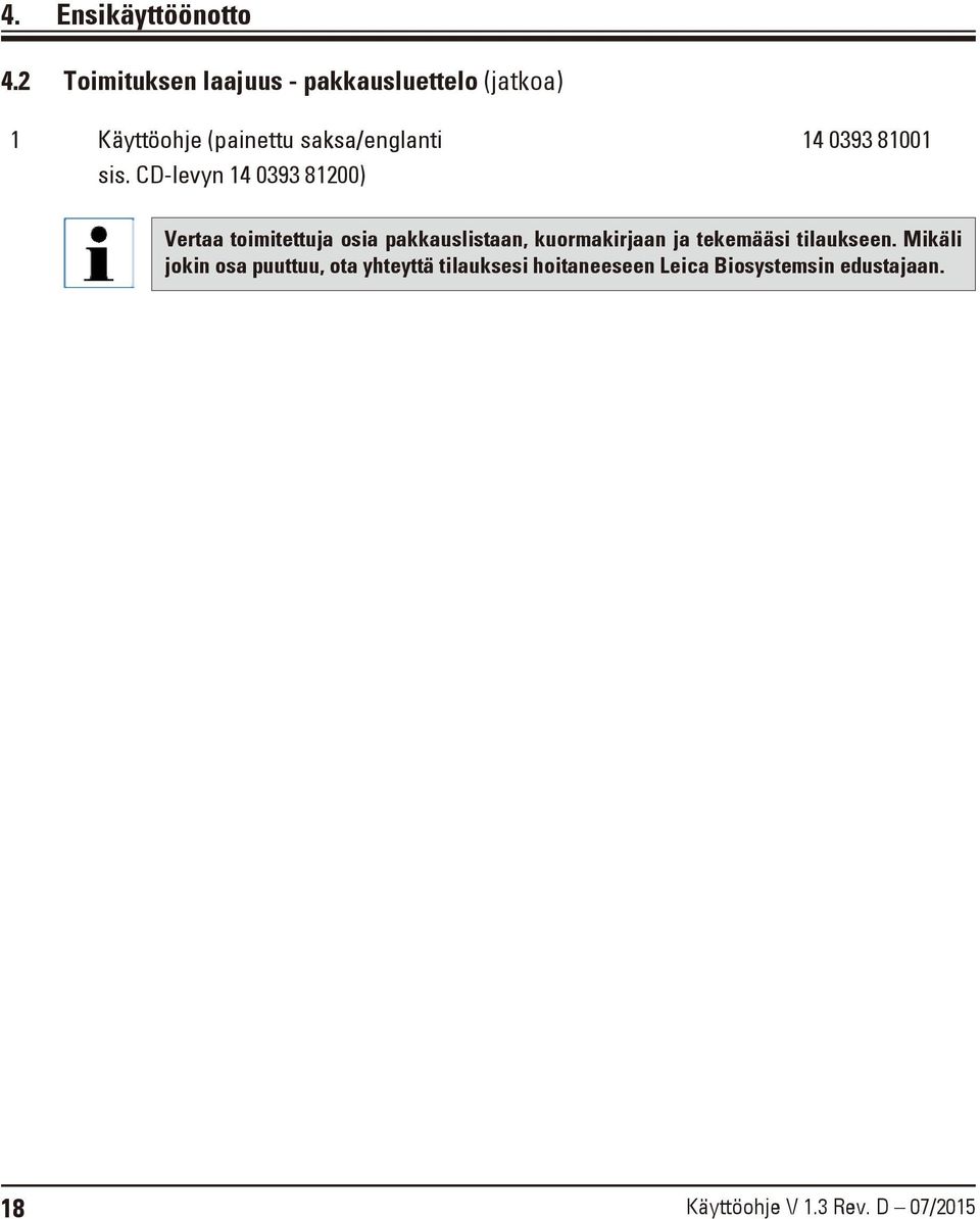 sis. CD-levyn 14 0393 81200) 14 0393 81001 Vertaa toimitettuja osia pakkauslistaan,