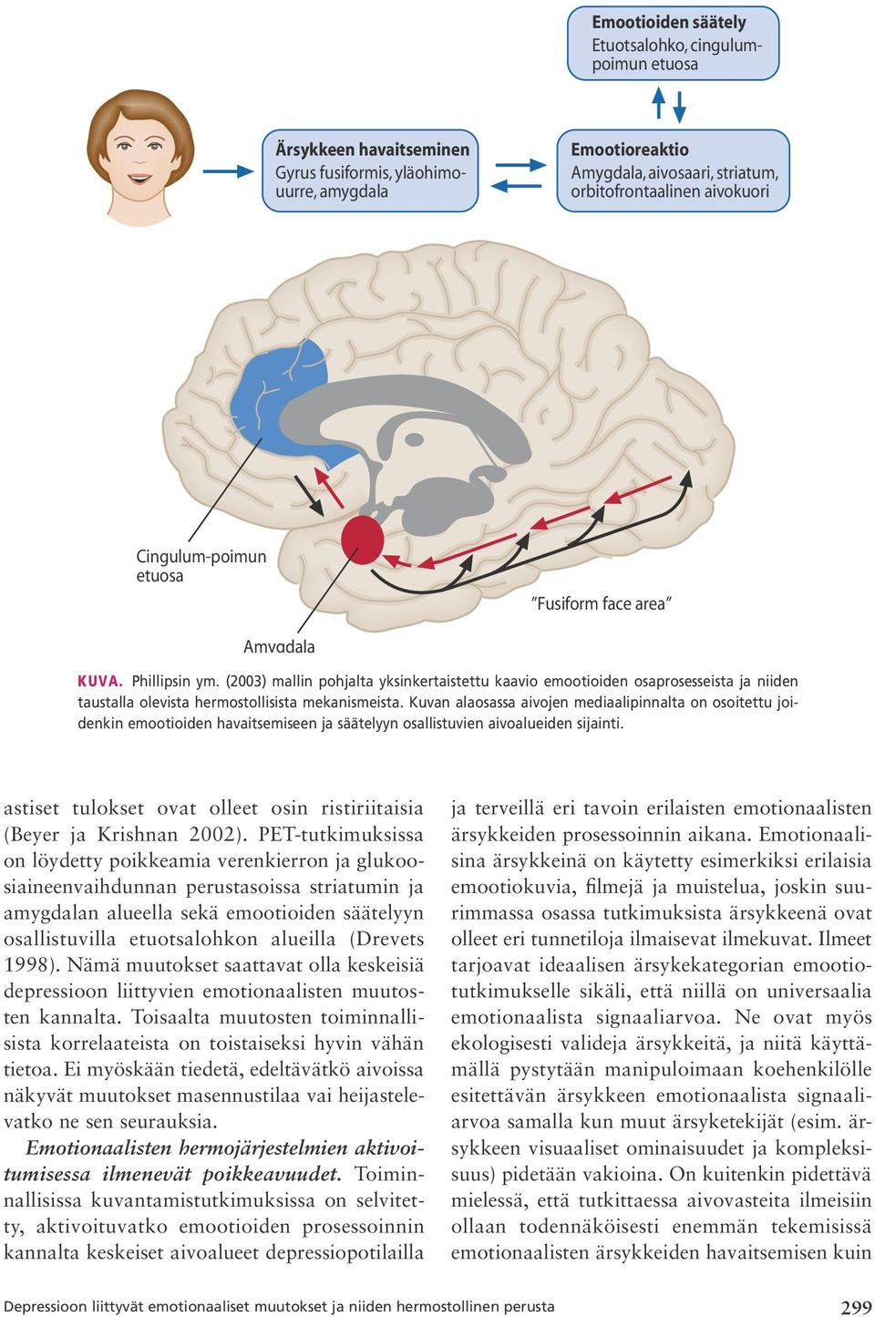 (2003) mallin pohjalta yksinkertaistettu kaavio emootioiden osaprosesseista ja niiden taustalla olevista hermostollisista mekanismeista.