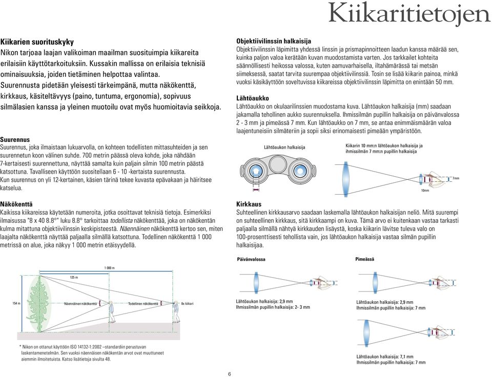 Suurennusta pidetään yleisesti tärkeimpänä, mutta näkökenttä, kirkkaus, käsiteltävyys (paino, tuntuma, ergonomia), sopivuus silmälasien kanssa ja yleinen muotoilu ovat myös huomioitavia seikkoja.