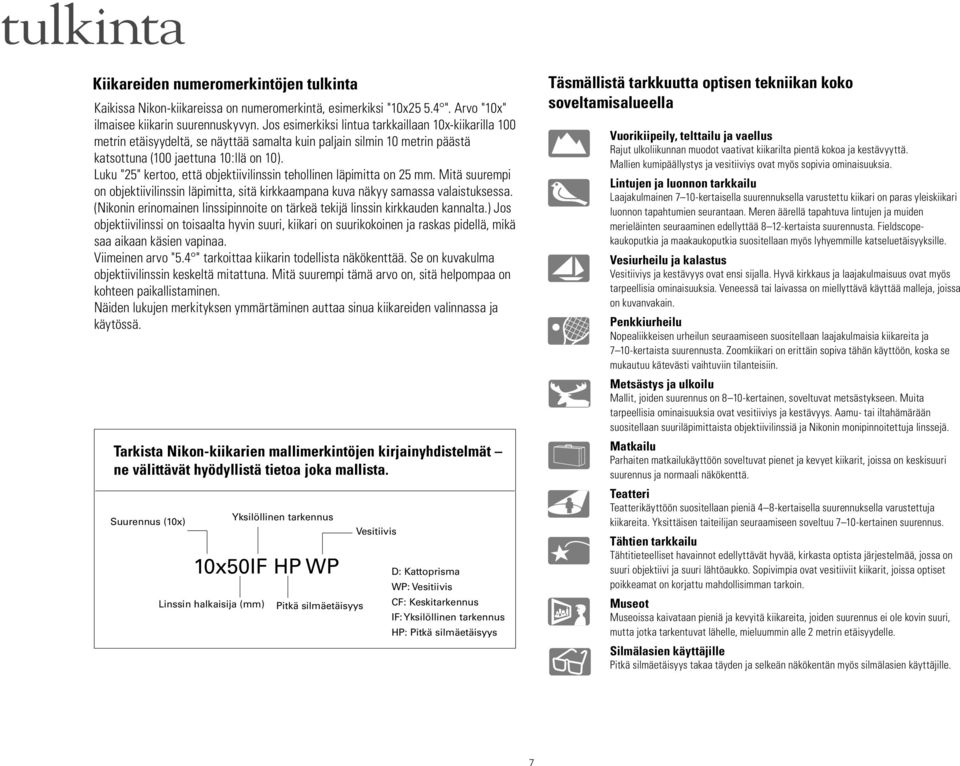 Luku "25" kertoo, että objektiivilinssin tehollinen läpimitta on 25 mm. Mitä suurempi on objektiivilinssin läpimitta, sitä kirkkaampana kuva näkyy samassa valaistuksessa.