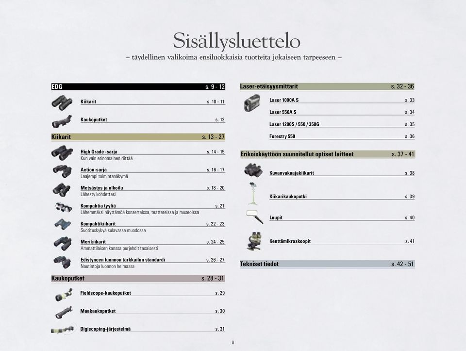 18-20 Lähesty kohdettasi Kompaktia tyyliä s. 21 Lähemmäksi näyttämöä konserteissa, teattereissa ja museoissa Kompaktikiikarit s. 22-23 Suorituskykyä sulavassa muodossa Merikiikarit s.