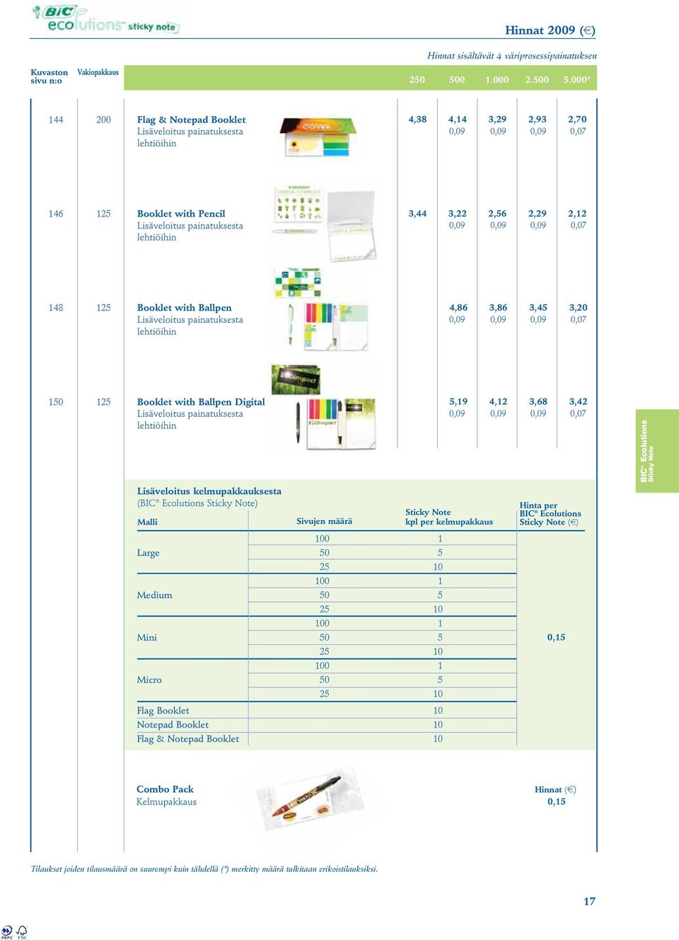 2,29 2,12 0,09 0,09 0,09 0,07 148 1 Booklet with Ballpen Lisäveloitus painatuksesta lehtiöihin 4,86 3,86 3,45 3,20 0,09 0,09 0,09 0,07 150 1 Booklet with Ballpen Digital Lisäveloitus painatuksesta