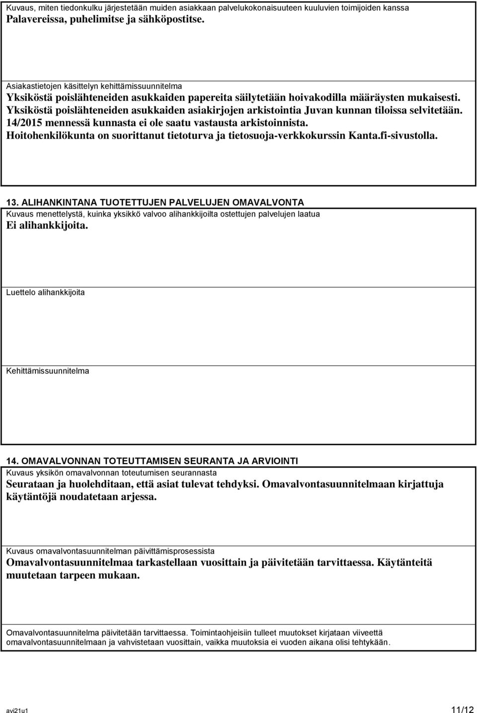 Yksiköstä poislähteneiden asukkaiden asiakirjojen arkistointia Juvan kunnan tiloissa selvitetään. 14/2015 mennessä kunnasta ei ole saatu vastausta arkistoinnista.