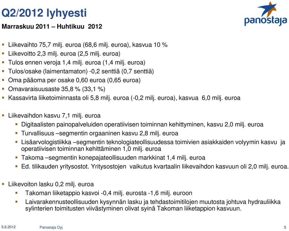 euroa), kasvua 6,0 milj. euroa Liikevaihdon kasvu 7,1 milj. euroa Digitaalisten painopalveluiden operatiivisen toiminnan kehittyminen, kasvu 2,0 milj.