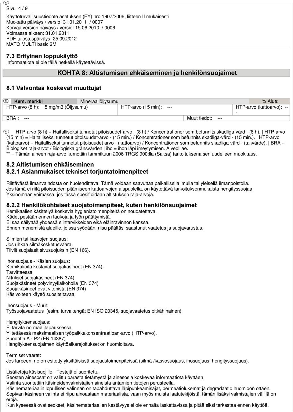 pitoisuudet-arvo - (8 h) / Koncentrationer som befunnits skadliga-värd - (8 h). HTP-arvo (15 min) = Haitalliseksi tunnetut pitoisuudet-arvo - (15 min.