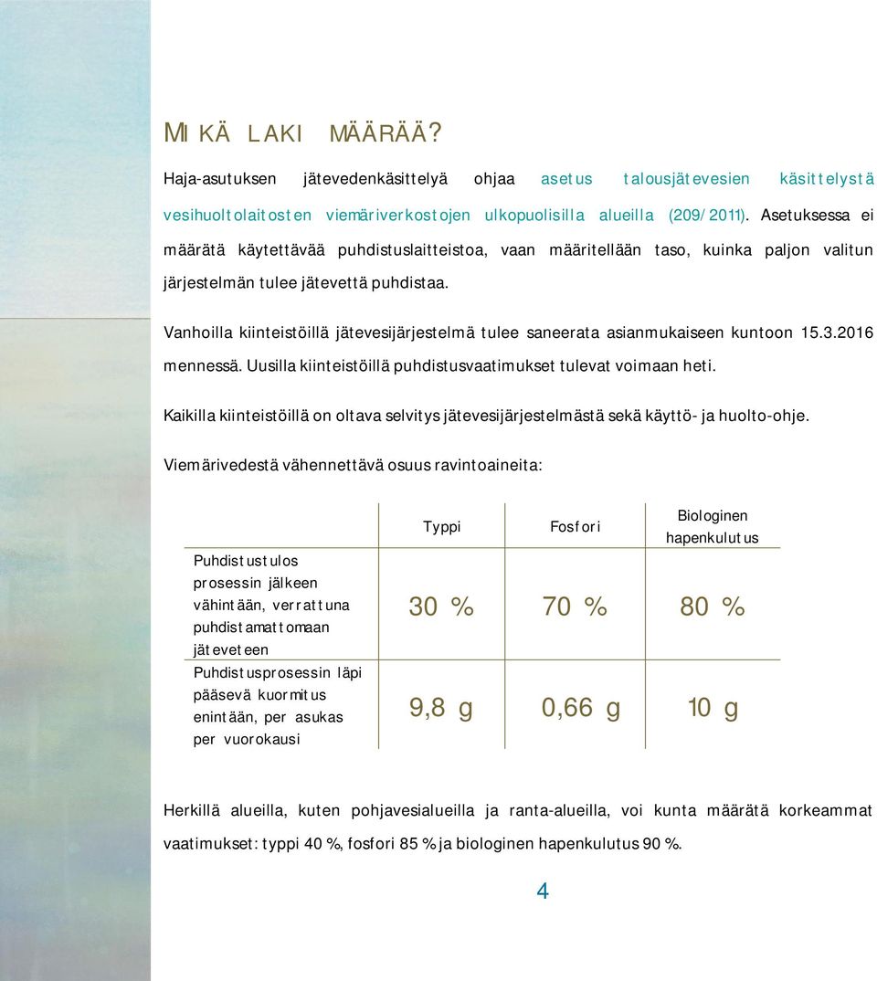 Vanhoilla kiinteistöillä jätevesijärjestelmä tulee saneerata asianmukaiseen kuntoon 15.3.2016 mennessä. Uusilla kiinteistöillä puhdistusvaatimukset tulevat voimaan heti.