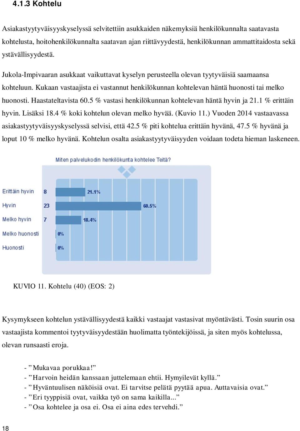 Kukaan vastaajista ei vastannut henkilökunnan kohtelevan häntä huonosti tai melko huonosti. Haastateltavista 60.5 % vastasi henkilökunnan kohtelevan häntä hyvin ja 21.1 % erittäin hyvin. Lisäksi 18.