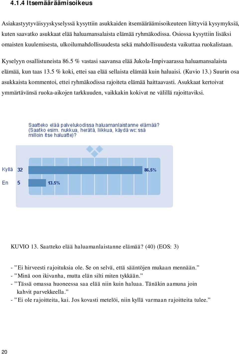 5 % vastasi saavansa elää Jukola-Impivaarassa haluamansalaista elämää, kun taas 13.5 % koki, ettei saa elää sellaista elämää kuin haluaisi. (Kuvio 13.