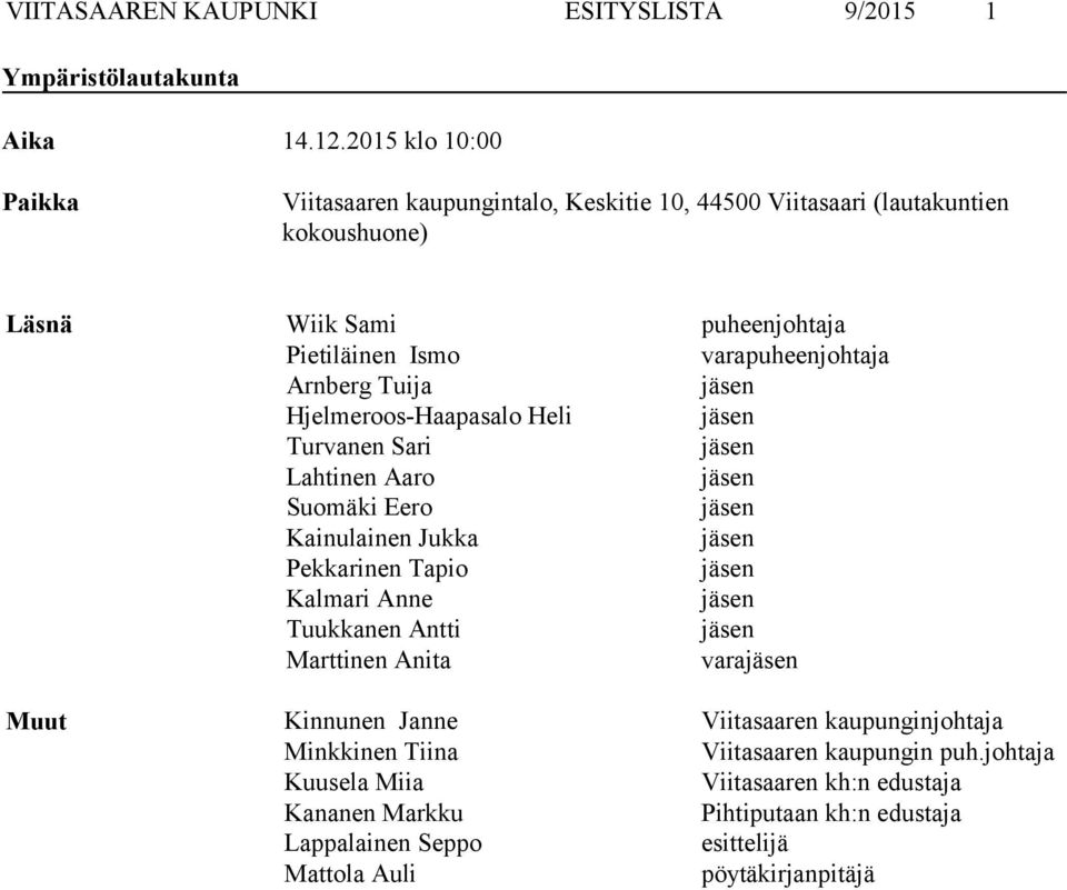 Arnberg Tuija jäsen Hjelmeroos Haapasalo Heli jäsen Turvanen Sari jäsen Lahtinen Aaro jäsen Suomäki Eero jäsen Kainulainen Jukka jäsen Pekkarinen Tapio jäsen Kalmari Anne jäsen