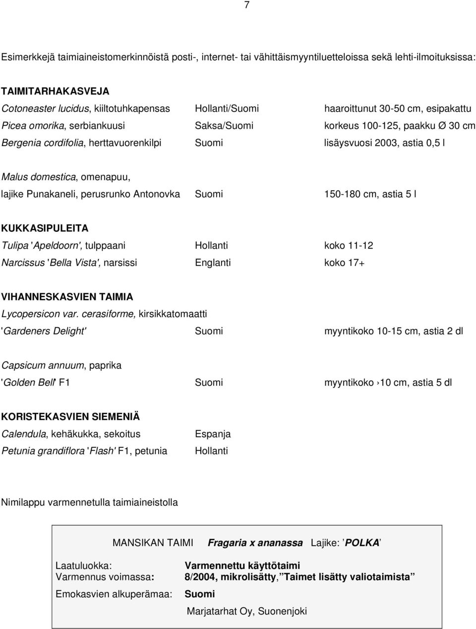 omenapuu, lajike Punakaneli, perusrunko Antonovka Suomi 150-180 cm, astia 5 l KUKKASIPULEITA Tulipa 'Apeldoorn', tulppaani Hollanti koko 11-12 Narcissus 'Bella Vista', narsissi Englanti koko 17+