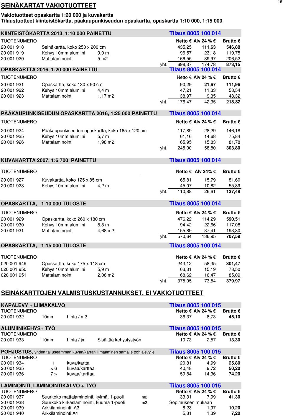 Mattalaminointi 5 m2 166,55 39,97 206,52 OPASKARTTA 2016, 1:20 000 PAINETTU yht.