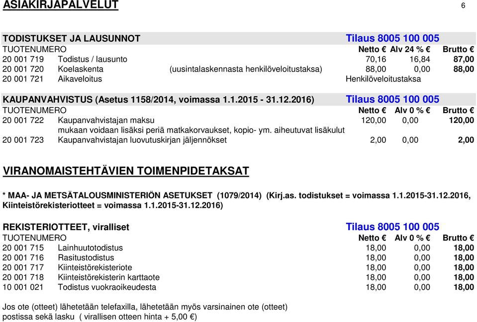 2016) Tilaus 8005 100 005 20 001 722 Kaupanvahvistajan maksu 120,00 0,00 120,00 mukaan voidaan lisäksi periä matkakorvaukset, kopio- ym.