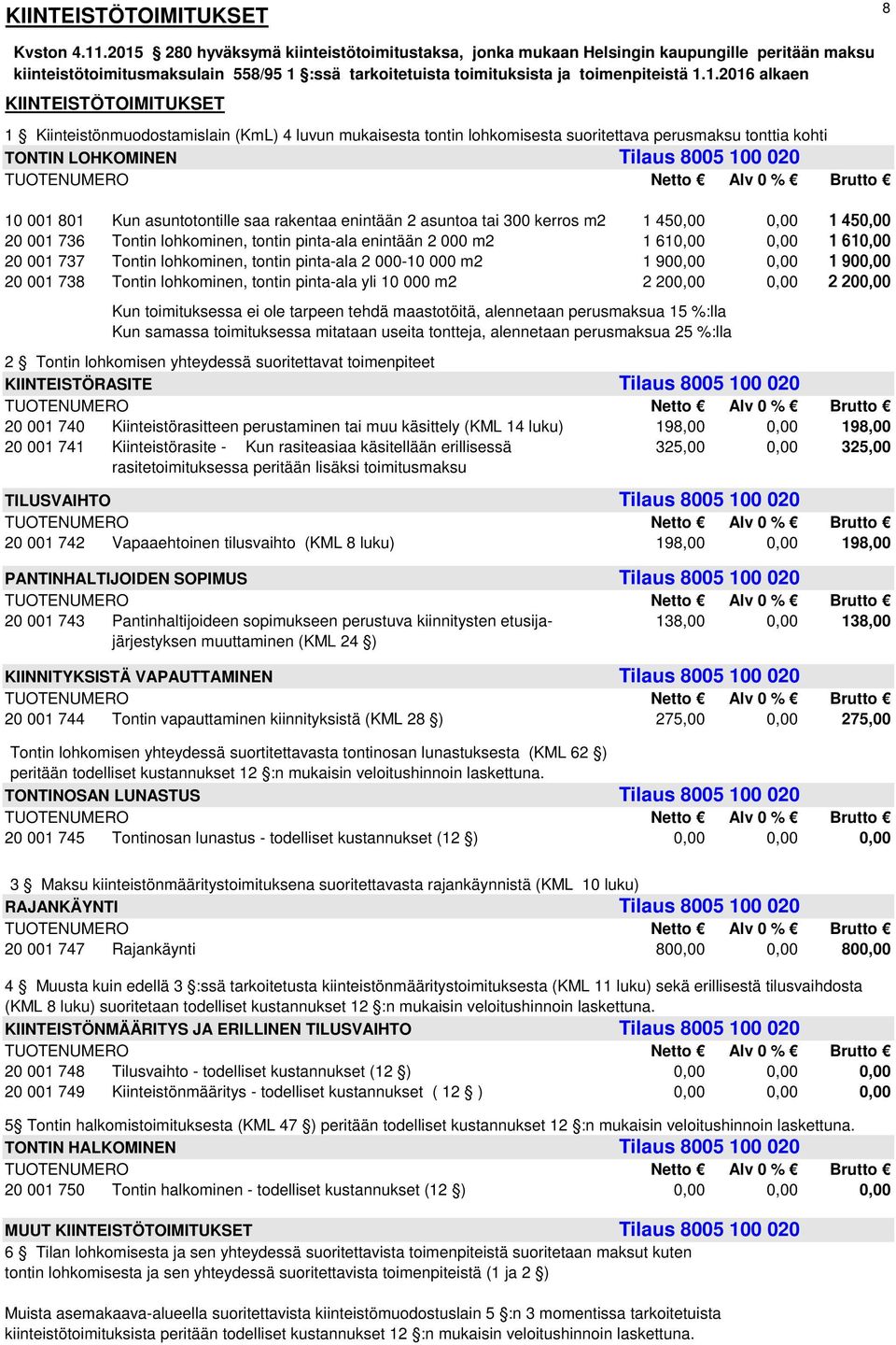 KIINTEISTÖTOIMITUKSET 1 Kiinteistönmuodostamislain (KmL) 4 luvun mukaisesta tontin lohkomisesta suoritettava perusmaksu tonttia kohti TONTIN LOHKOMINEN Tilaus 8005 100 020 10 001 801 Kun