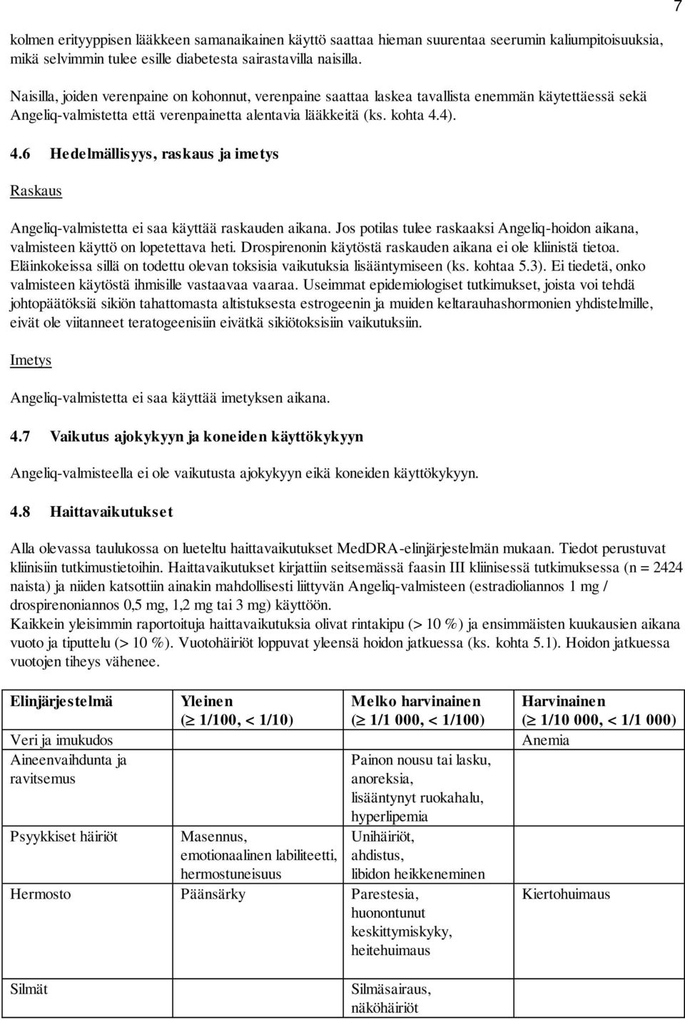 4). 4.6 Hedelmällisyys, raskaus ja imetys Raskaus Angeliq-valmistetta ei saa käyttää raskauden aikana. Jos potilas tulee raskaaksi Angeliq-hoidon aikana, valmisteen käyttö on lopetettava heti.