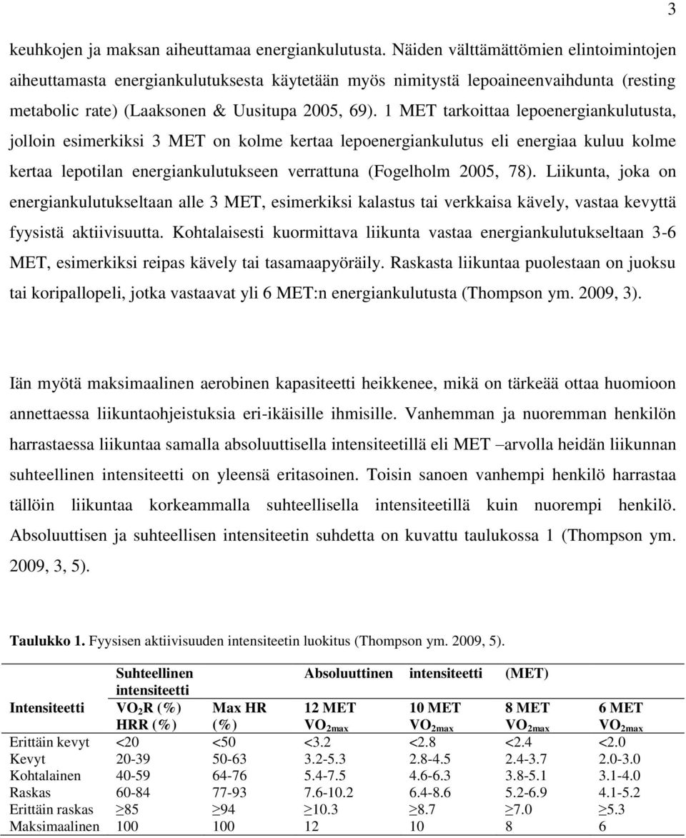 1 MET tarkoittaa lepoenergiankulutusta, jolloin esimerkiksi 3 MET on kolme kertaa lepoenergiankulutus eli energiaa kuluu kolme kertaa lepotilan energiankulutukseen verrattuna (Fogelholm 2005, 78).