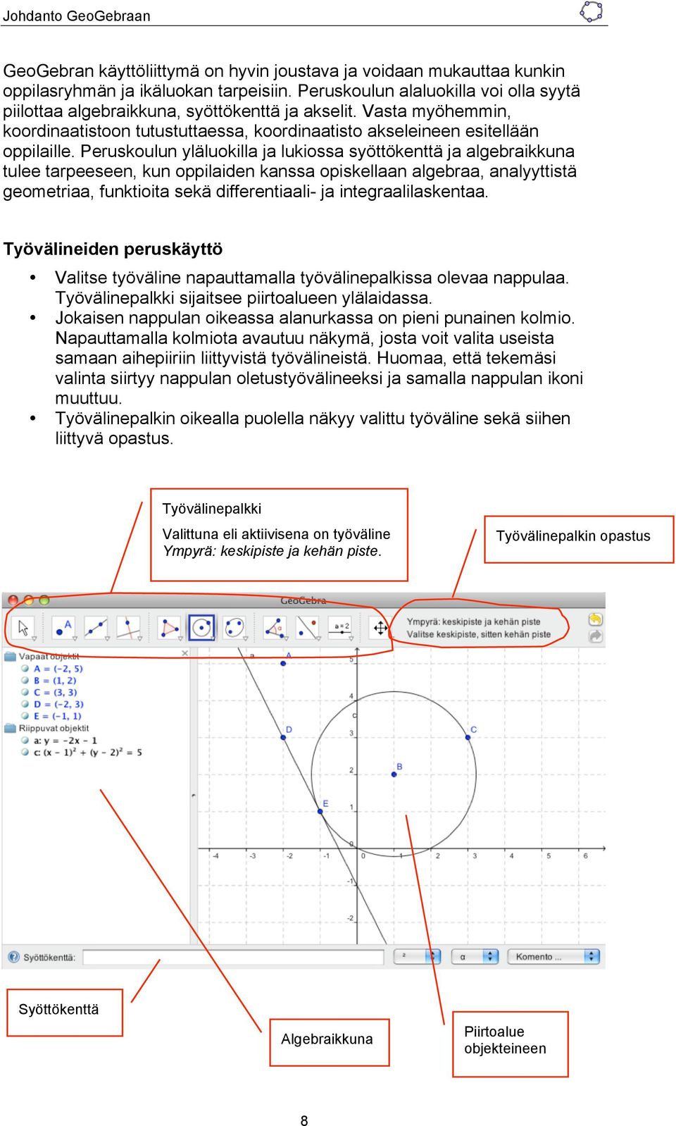 Peruskoulun yläluokilla ja lukiossa syöttökenttä ja algebraikkuna tulee tarpeeseen, kun oppilaiden kanssa opiskellaan algebraa, analyyttistä geometriaa, funktioita sekä differentiaali- ja