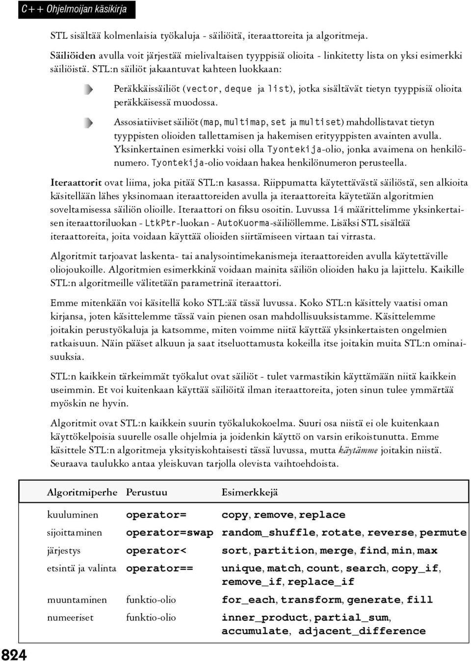 STL:n säiliöt jakaantuvat kahteen luokkaan: Peräkkäissäiliöt (vector, deque ja list), jotka sisältävät tietyn tyyppisiä olioita peräkkäisessä muodossa.