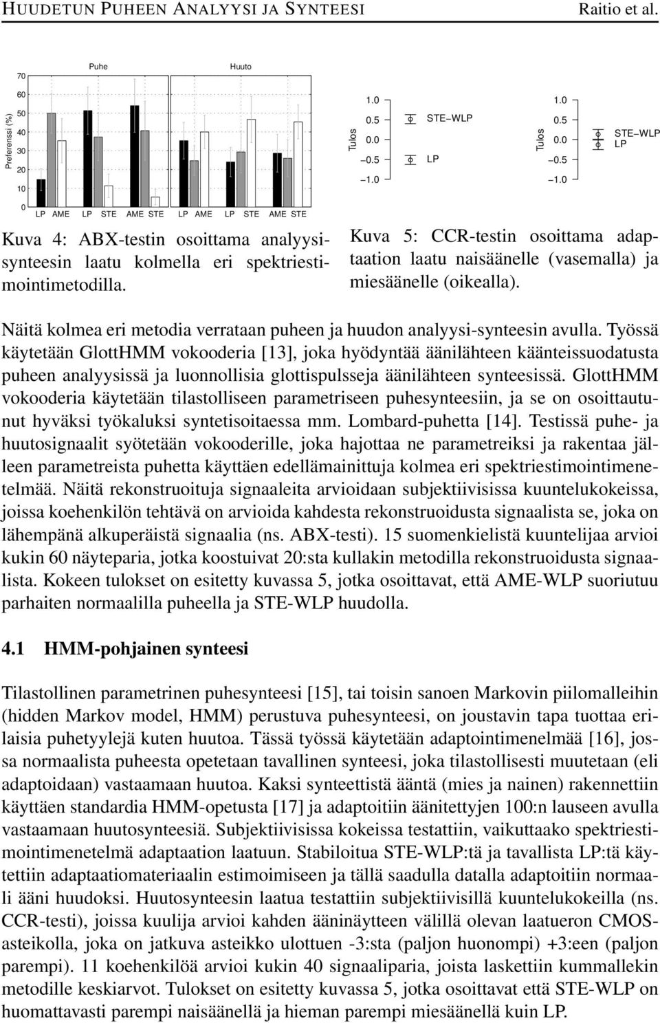 Kuva 5: CCR-testin osoittama adaptaation laatu naisäänelle (vasemalla) ja miesäänelle (oikealla). Näitä kolmea eri metodia verrataan puheen ja huudon analyysi-synteesin avulla.