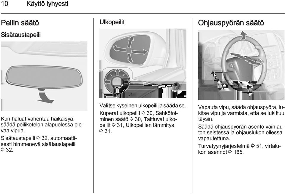 Kuperat ulkopeilit 3 30, Sähkötoiminen säätö 3 30, Taittuvat ulkopeilit 3 31, Ulkopeilien lämmitys 3 31.